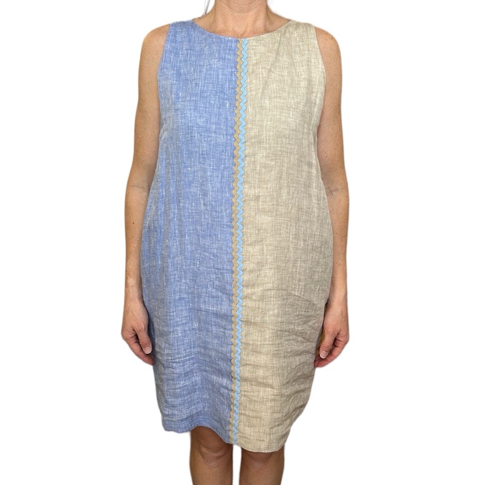 Poeta Nantucket Linen Dress Color Block with Pockets Blue/Brown M
